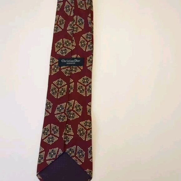 Christian Dior Monsieur Men's 100% Silk Necktie. Luxury Geometric Burgundy, Blue - Picture 2 of 7
